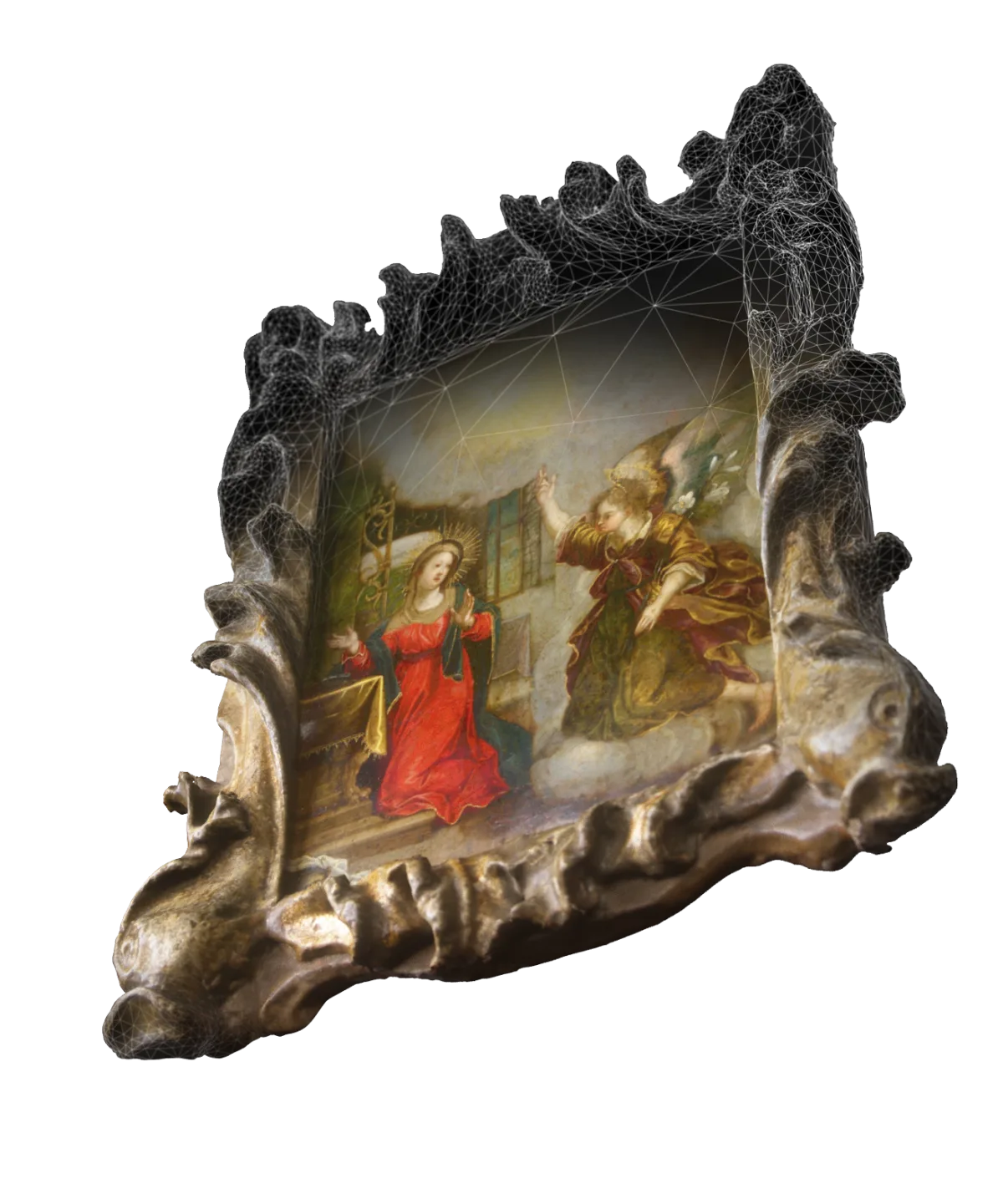 3D digital twin of a baroque framed painting: half of the carved frame is still a wireframe mesh, the other half is reconstructed at full fidelity around the painted scene.